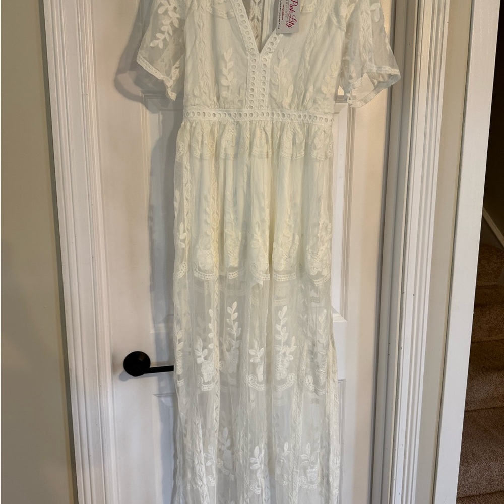 Pink Lily Cream Tiered Maxi Dress with Flutter Sleeves